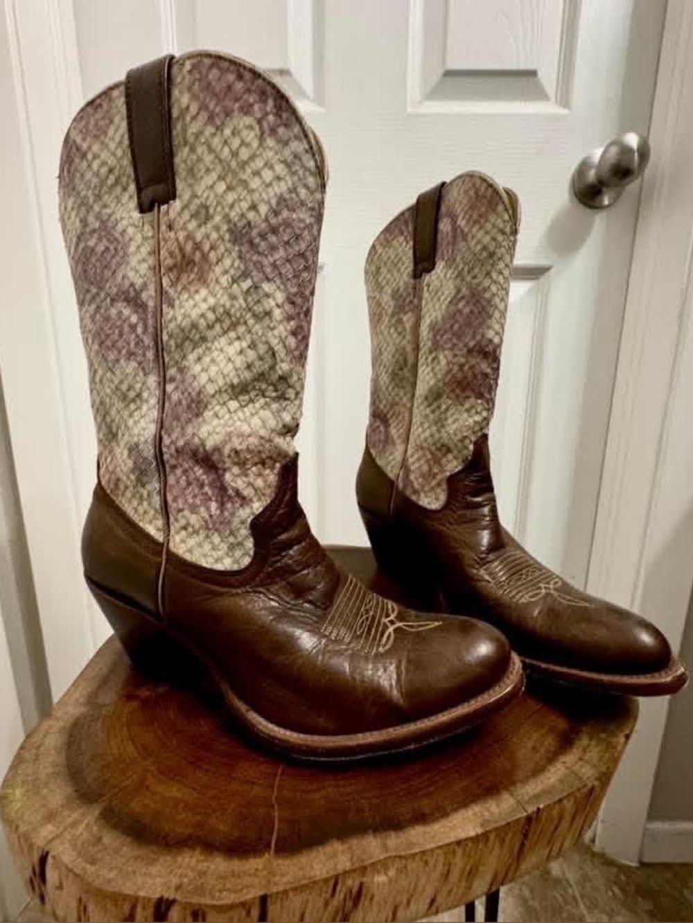 Shyanne Brown Leather Heel Cowboy Boots with Textured Shaft
